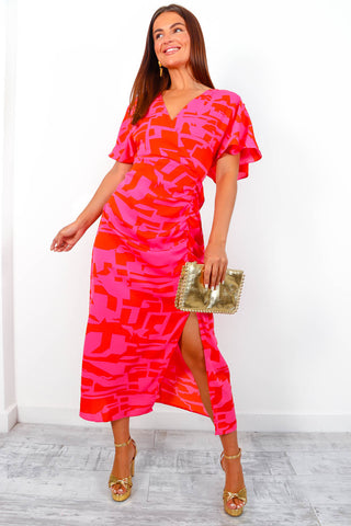 Colour Me Floral - Abstract Pattern Fuchsia Red Midi Dress