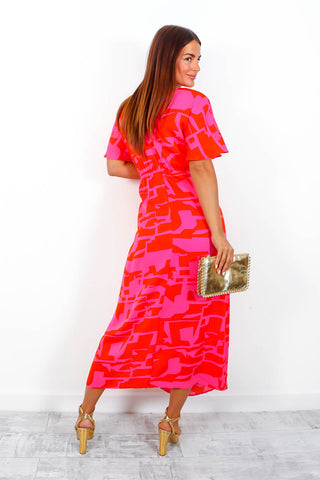 Colour Me Floral - Abstract Pattern Fuchsia Red Midi Dress