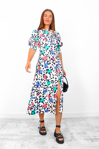 Cuff It Up - Cream Multi Leopard Print Midi Dress