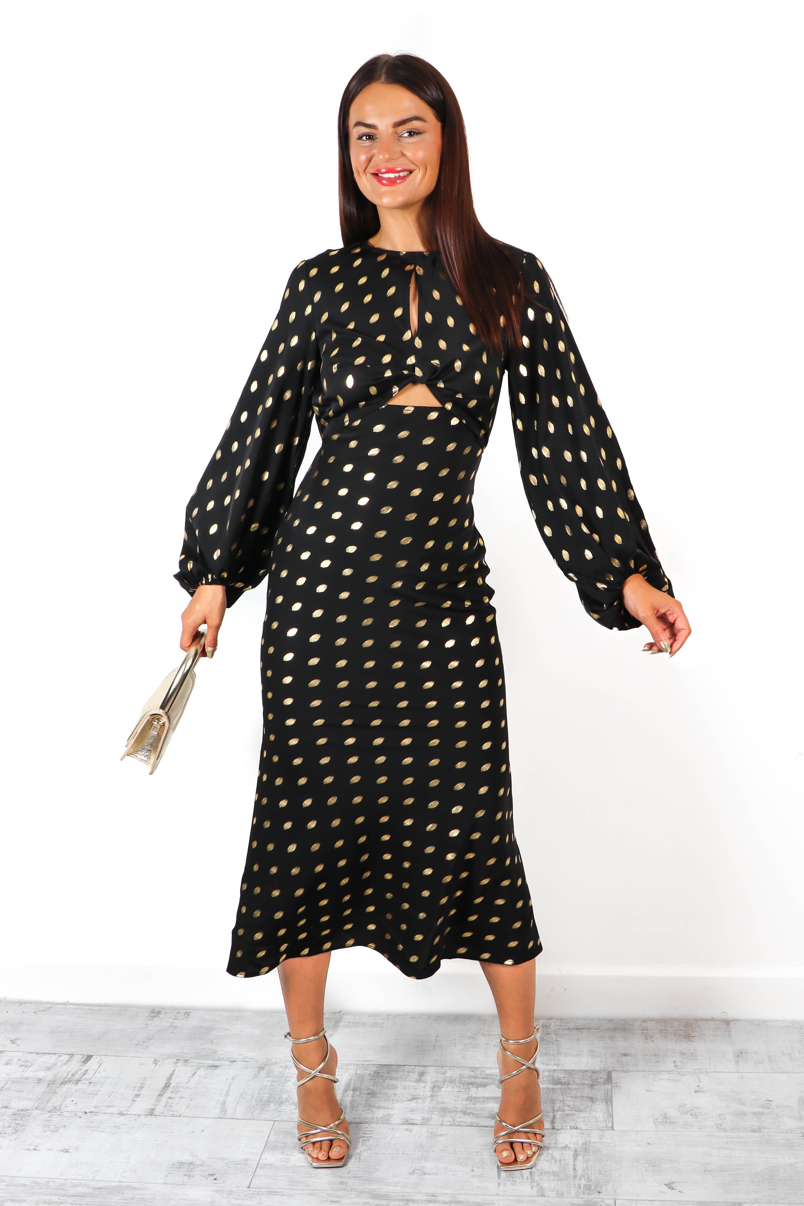 Cut Them Out - Black Gold Foil Spot Midi Dress OVER-DRESSED Cut Them Out - Black Gold Foil Spot Midi Dress OVER-DRESSED