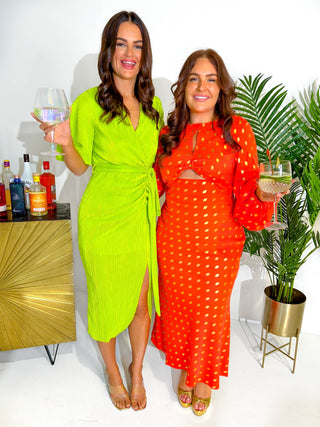 It's All Ties - Green Plisse Wrap Midi Dress