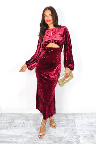 Cut Them Out - Wine Crushed Velvet Maxi Dress