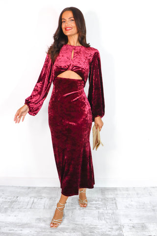 Cut Them Out - Wine Crushed Velvet Maxi Dress