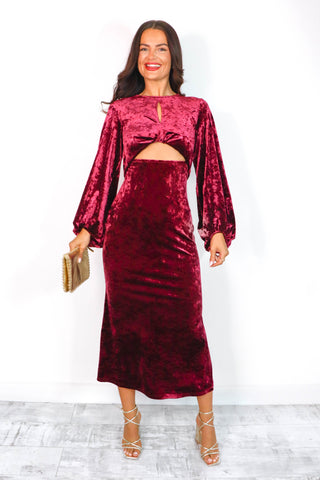 Cut Them Out - Wine Crushed Velvet Maxi Dress