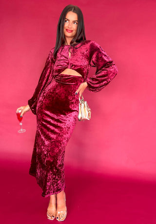 Cut Them Out - Wine Crushed Velvet Maxi Dress
