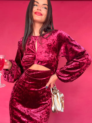 Cut Them Out - Wine Crushed Velvet Maxi Dress