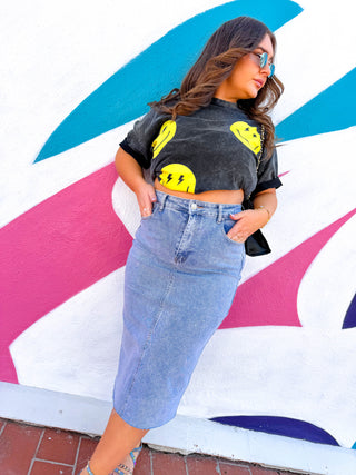 She's All Smiles - Acid Wash Yellow T-Shirt Dress