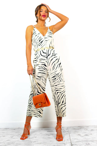 Don't Cut Me Off - Champagne Zebra Print Culotte Jumpsuit