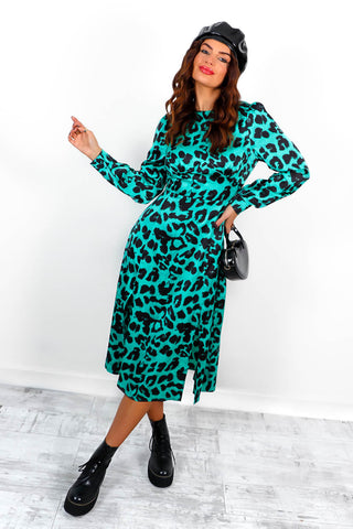 Don't Give A Glam - Sea Green Leopard Midi Dress