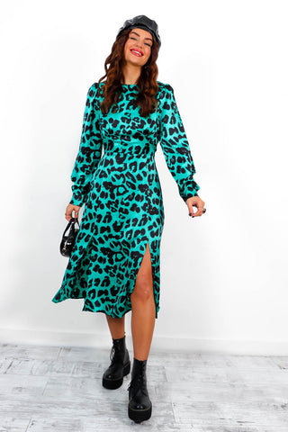 Don't Give A Glam - Sea Green Leopard Midi Dress