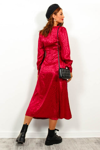 Don't Give A Glam - Wine Jacquard Leopard Midi Dress