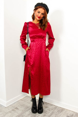 Don't Give A Glam - Wine Jacquard Leopard Midi Dress