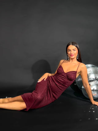 Don't Mesh Out - Wine Diamante Mesh Midi Dress