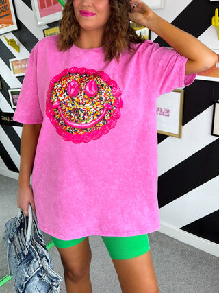 Dopamine Hit - Pink Acid Wash Cake Print T-shirt