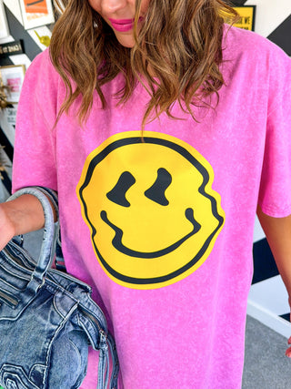 Dopamine Hit - Pink Acid Wash Melting Smiley Face T-shirt