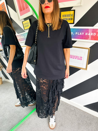 Double Trouble - Black Lace Skirt & T-Shirt Midi Co-ord