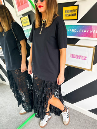 Double Trouble - Black Lace Skirt & T-Shirt Midi Co-ord