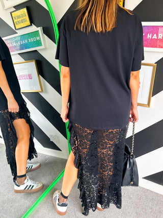 Double Trouble - Black Lace Skirt & T-Shirt Midi Co-ord