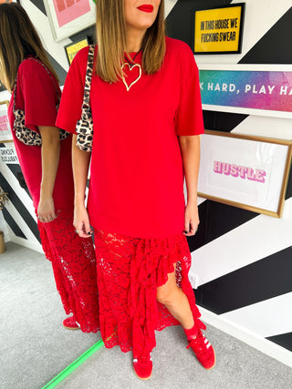 Double Trouble - Red Lace Skirt & T-Shirt Midi Co-ord