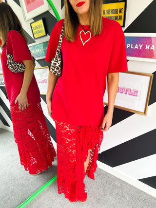 Double Trouble - Red Lace Skirt & T-Shirt Midi Co-ord