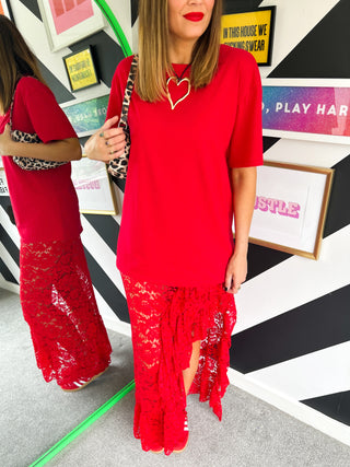 Double Trouble - Red Lace Skirt & T-Shirt Midi Co-ord