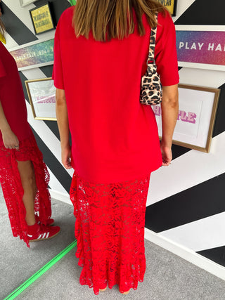 Double Trouble - Red Lace Skirt & T-Shirt Midi Co-ord