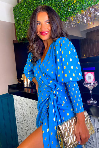 Drive Em Wild - Teal Gold Foil Spot Midi Wrap Dress