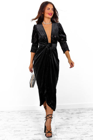 Drive Em Wild - Black Velvet Black Sequin Midi Wrap Dress