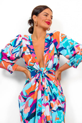 Drive 'Em Wild - Blue Multi Abstract Midi Wrap Dress