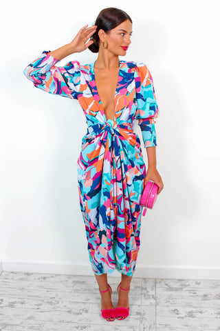 Drive 'Em Wild - Blue Multi Abstract Midi Wrap Dress