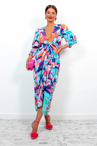 Drive 'Em Wild - Blue Multi Abstract Midi Wrap Dress