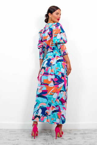Drive 'Em Wild - Blue Multi Abstract Midi Wrap Dress