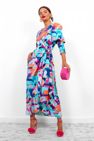 Drive 'Em Wild - Blue Multi Abstract Midi Wrap Dress