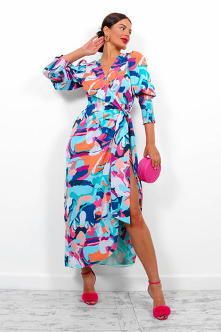 Drive 'Em Wild - Blue Multi Abstract Midi Wrap Dress