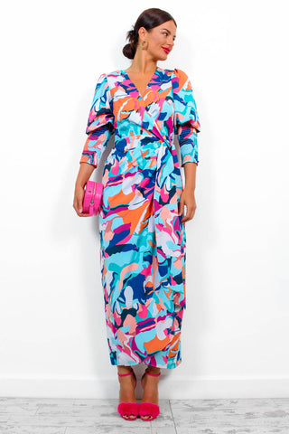 Drive 'Em Wild - Blue Multi Abstract Midi Wrap Dress