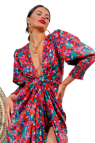 Drive 'Em Wild - Green Multi Floral Midi Wrap Dress