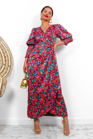 Drive 'Em Wild - Green Multi Floral Midi Wrap Dress