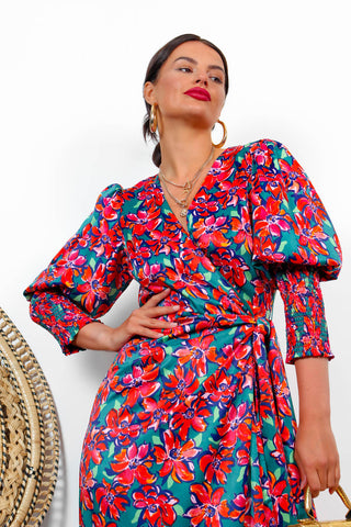 Drive 'Em Wild - Green Multi Floral Midi Wrap Dress