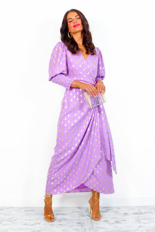 Drive 'Em Wild - Lilac Gold Foil Spot Midi Wrap Dress