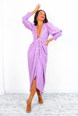 Drive 'Em Wild - Lilac Gold Foil Spot Midi Wrap Dress