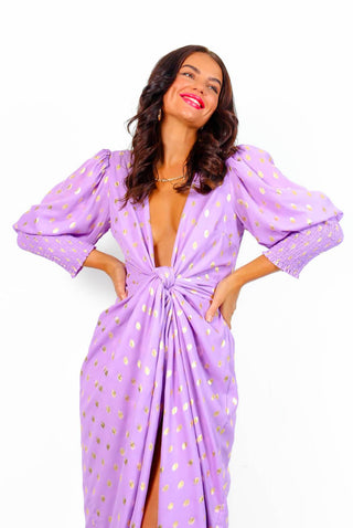 Drive 'Em Wild - Lilac Gold Foil Spot Midi Wrap Dress