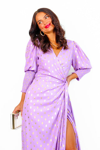 Drive 'Em Wild - Lilac Gold Foil Spot Midi Wrap Dress