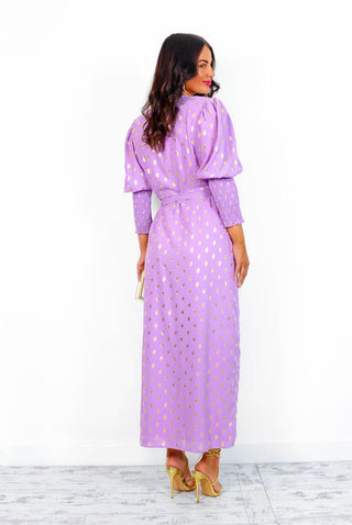 Drive 'Em Wild - Lilac Gold Foil Spot Midi Wrap Dress