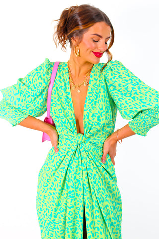 Drive 'Em Wild - Lime Forest Leopard Print Midi Wrap Dress