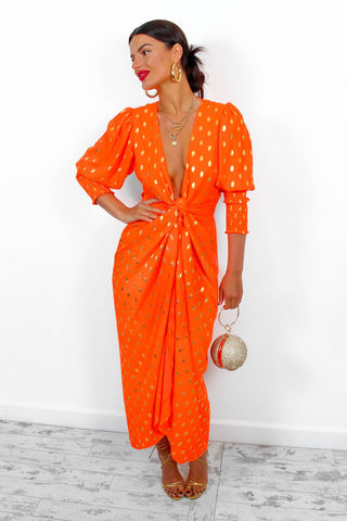 Drive 'Em Wild - Orange Gold Foil Midi Wrap Dress