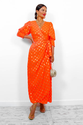 Drive 'Em Wild - Orange Gold Foil Midi Wrap Dress