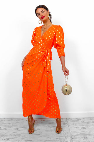 Drive 'Em Wild - Orange Gold Foil Midi Wrap Dress