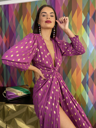 Drive Em Wild - Purple Gold Foil Spot Midi Wrap Dress