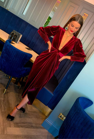 Drive Em Wild - Wine Velvet Midi Wrap Dress