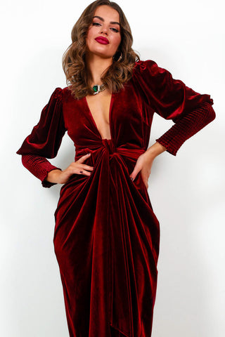 Drive Em Wild - Wine Velvet Midi Wrap Dress
